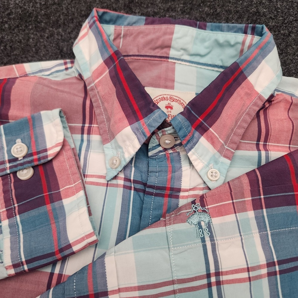 Brooks Brothers Mens Medium Blue White Red Plaid Button Down Shirt Logo Preppy